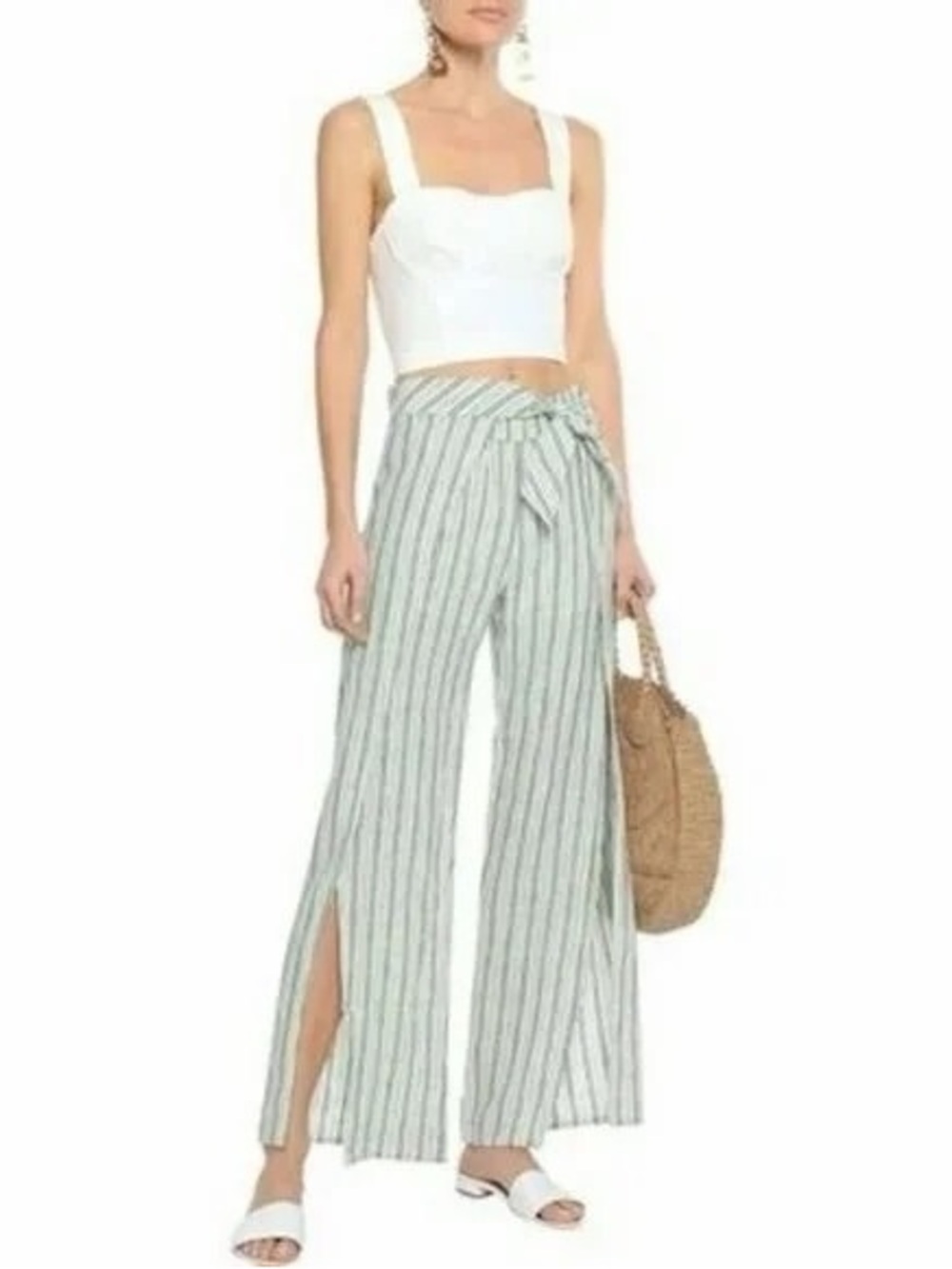 Joie Striped Tie-Waist Wide-Leg Pants in White and Green